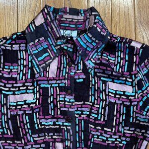 Sheer Dark Purple Cotton Blouse w/ Luminescent Pink–Lavender–Aqua Geo Print — XS